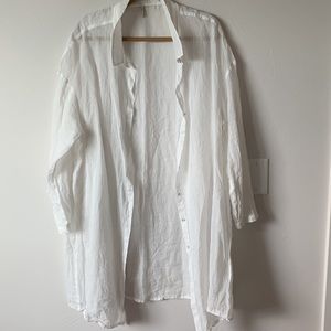 White Italian sheer linen tunic button down and linen blend pants.